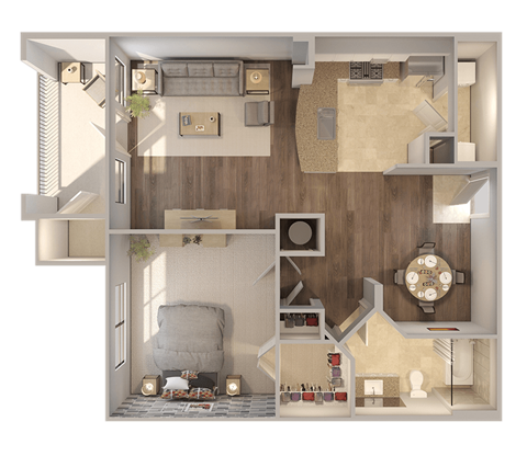 Floor plan for 1 bed, 1 bath, 770 sqft